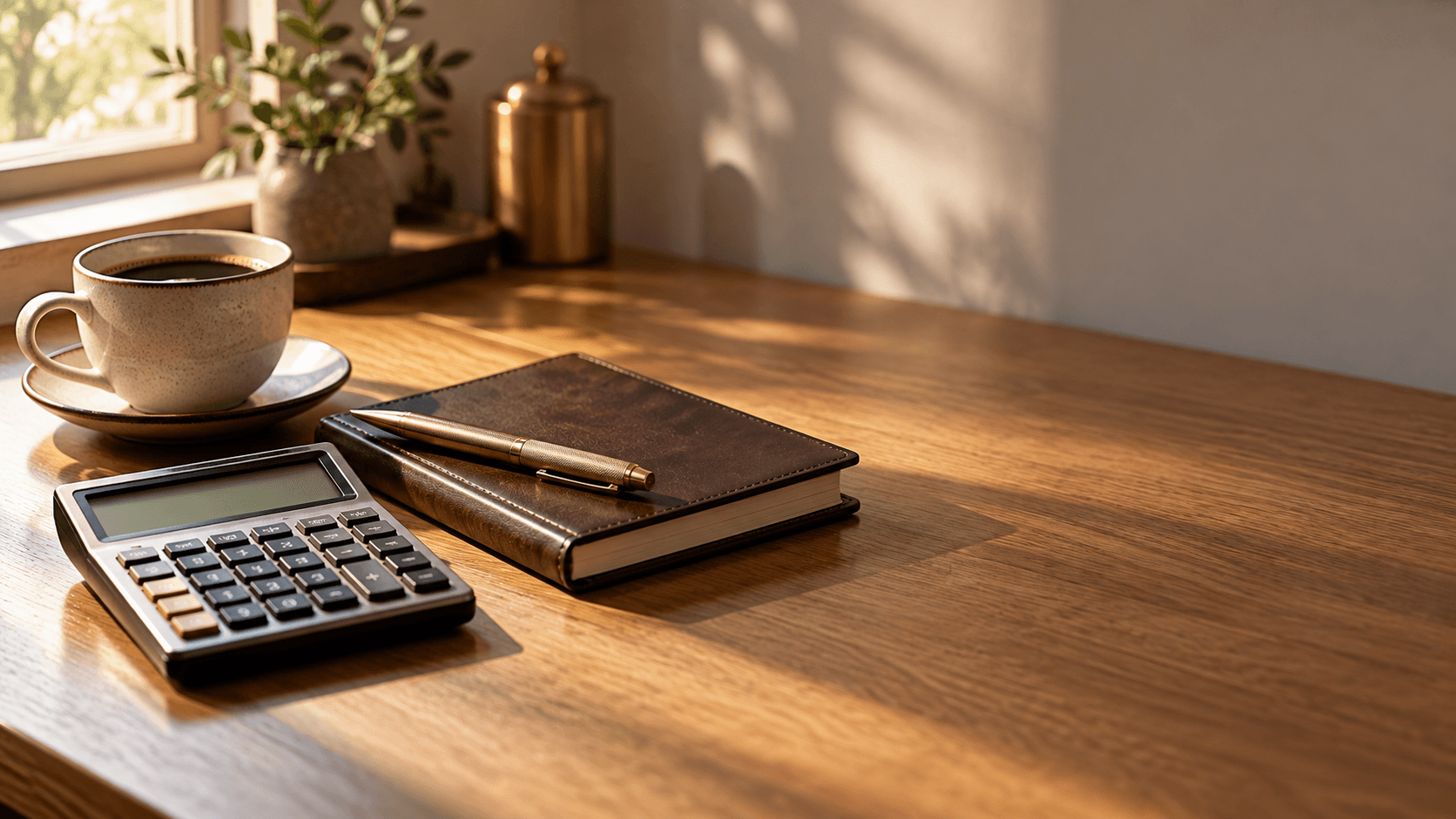 A calculator, a closed notebook and a cup of coffee on a wooden desk